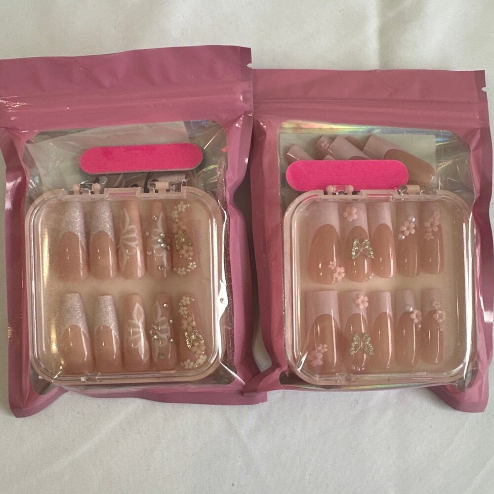 Press On Square Nails with Feminine Butterflies and Flowers Accents